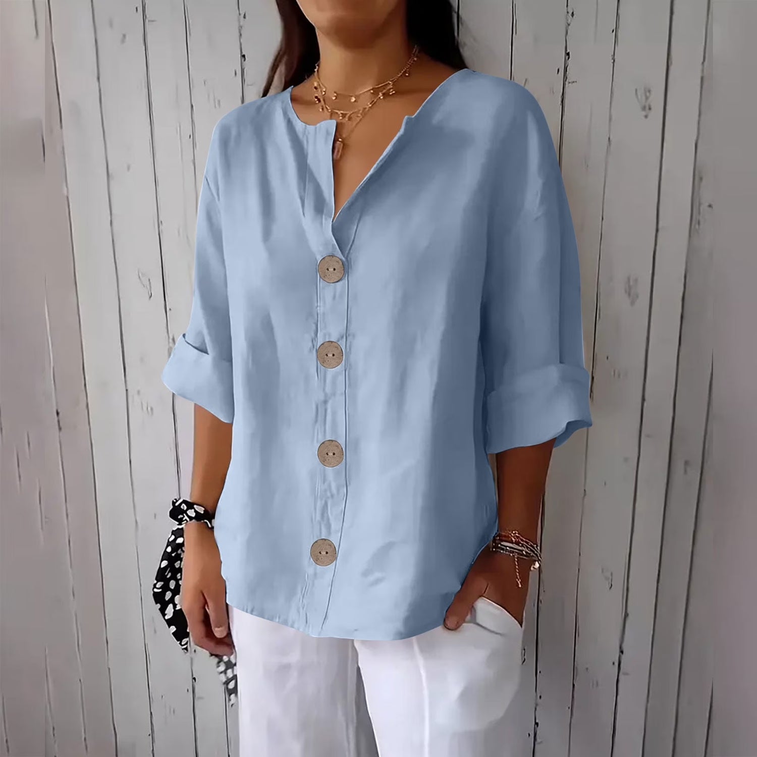 Women'S New Solid Color V-Neck Three Quarter Sleeve 3/4 Loose Cotton and Linen Top with Decorative Buttons Great Gifts for Less Light Blue S