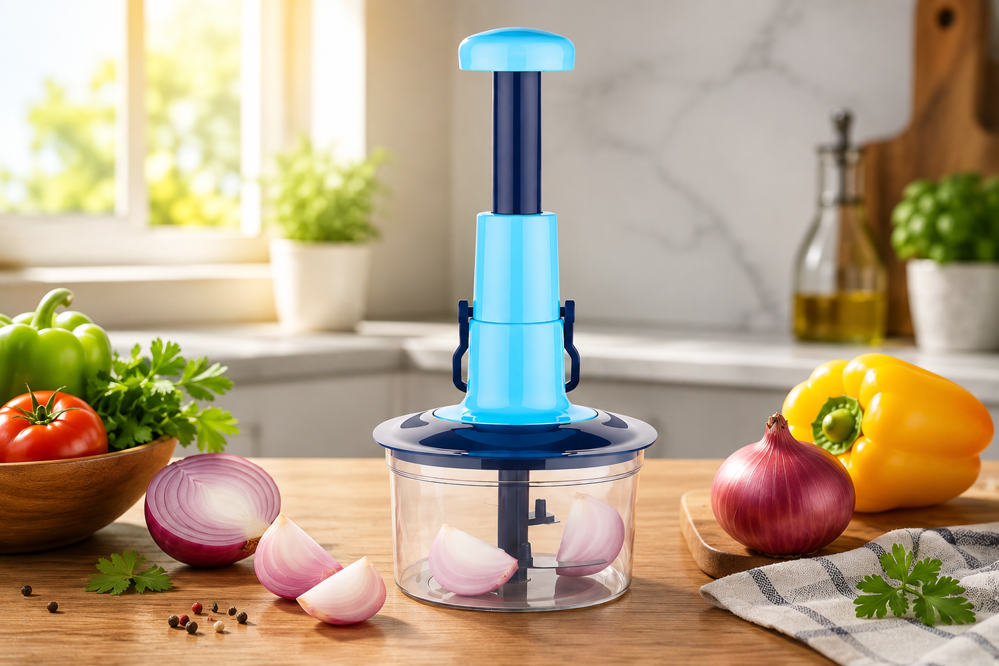 Hand-press vegetable and fruit chopper