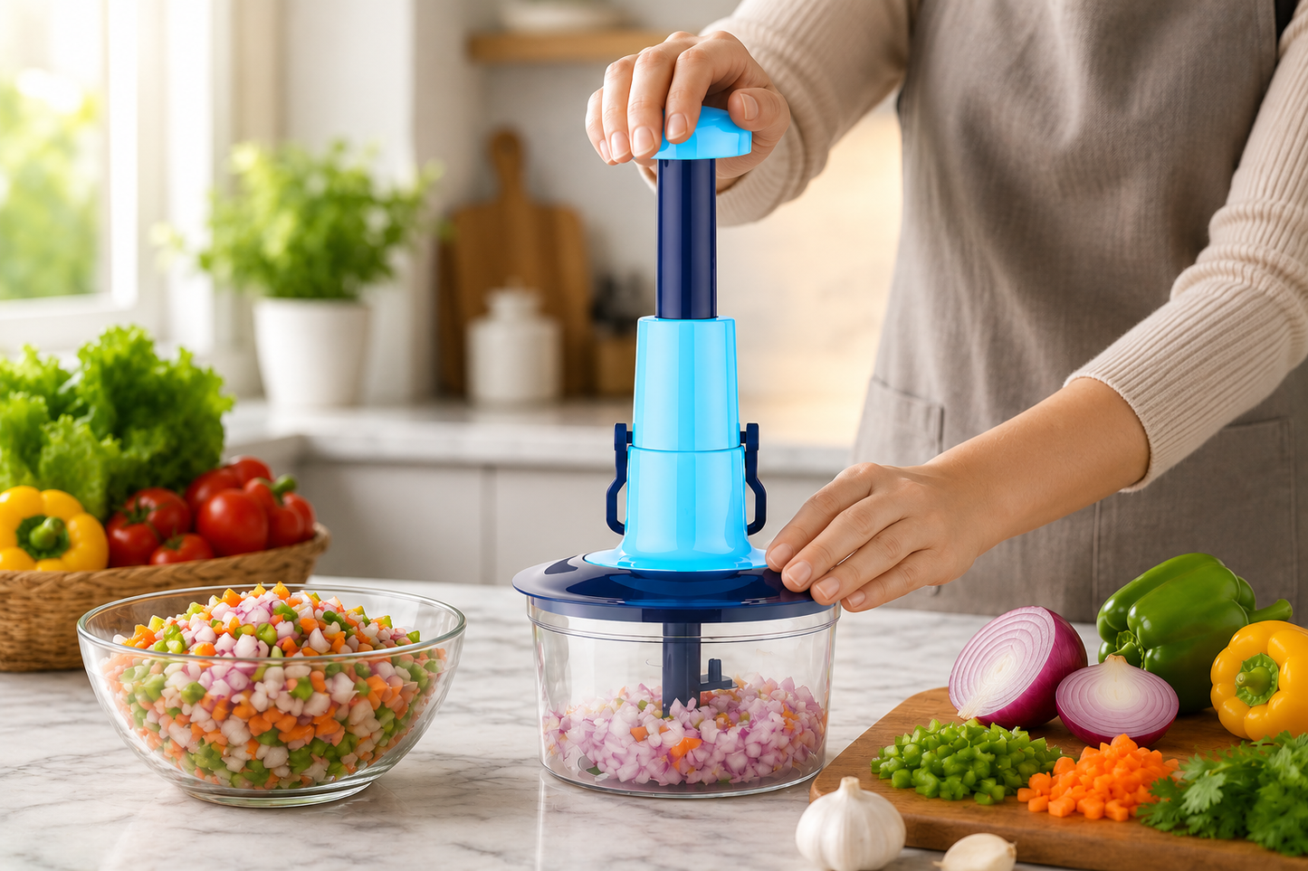 Hand-press vegetable and fruit chopper