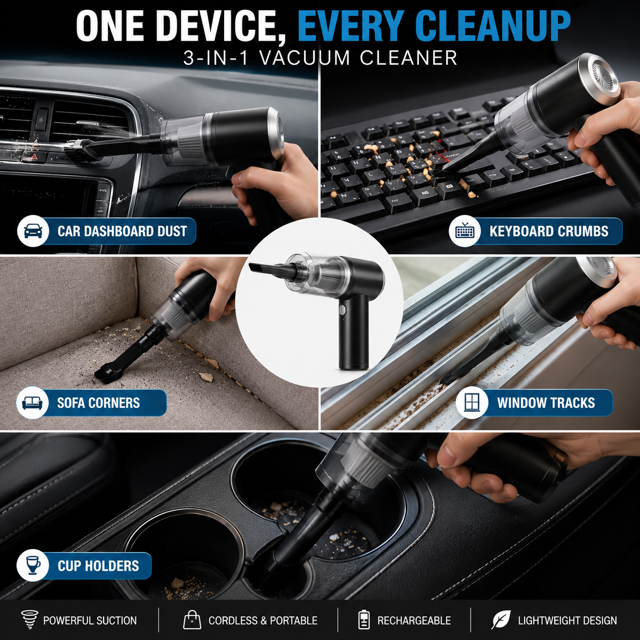 Zivra™ 3-in-1 Cordless Mini Vacuum Cleaner | Vacuum, Air Blower & Dust Cleaner