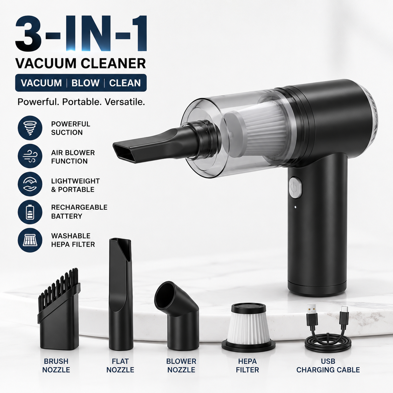 Zivra™ 3-in-1 Cordless Mini Vacuum Cleaner | Vacuum, Air Blower & Dust Cleaner