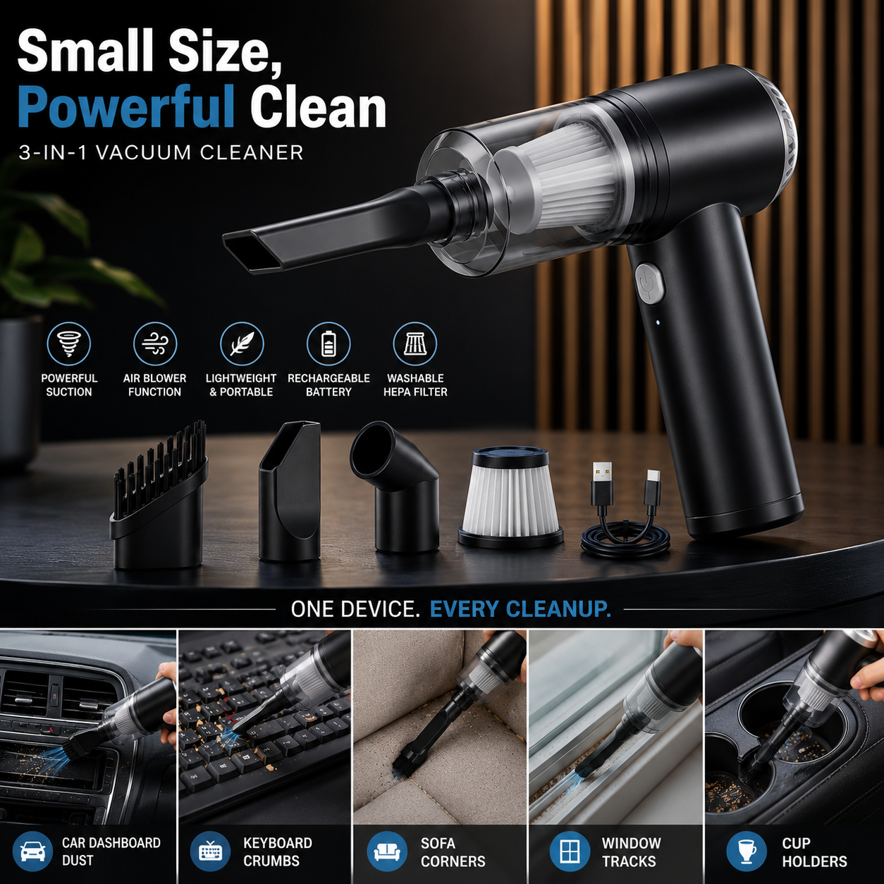 Zivra™ 3-in-1 Cordless Mini Vacuum Cleaner | Vacuum, Air Blower & Dust Cleaner