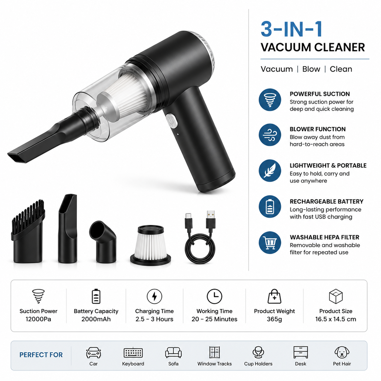 Zivra™ 3-in-1 Cordless Mini Vacuum Cleaner | Vacuum, Air Blower & Dust Cleaner